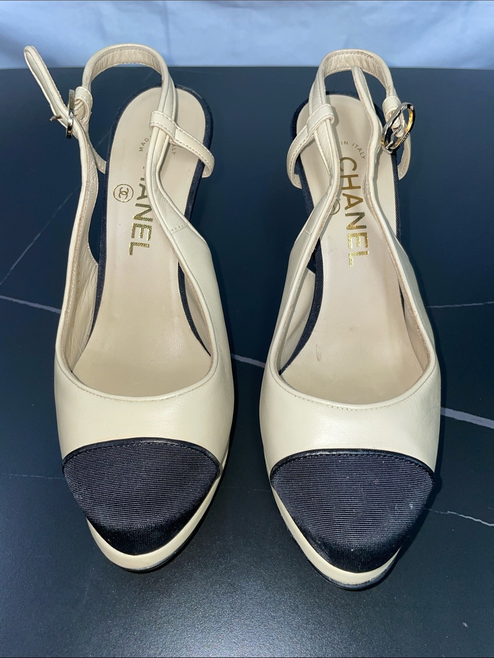 CHANEL TWO TONE CAP TOE SLINGBACK HEELS FTL-08-193